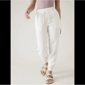 Athleta Retreat 100% Linen Jogger Pants Womens Sz M White Elastic Waist Pockets